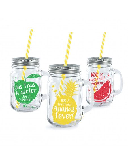 Lot de 3 Mason jar avec paille - Verre - 440 ML