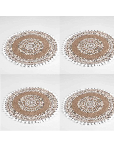 Lot de 4 sets de table avec pompons - D 38 cm - Renata - Blanc