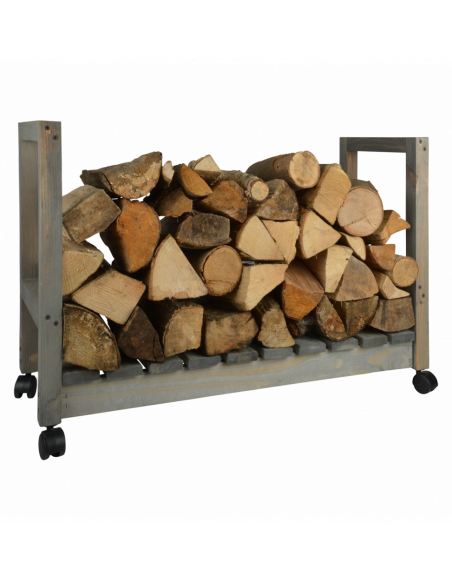 Porte bûches sur roues en bois - L 84 x l 30 x H 55,5 cm - Gris