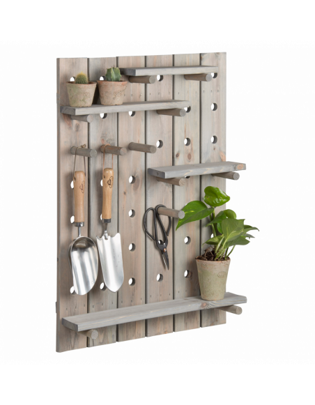 Panneau perforé avec 4 étagères en bois - L 16,2 x l 56,3 x H 56,3 cm - Gris