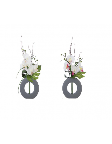 Composition florale en vase gris - Orchidée artificielle - Modèle aléatoire