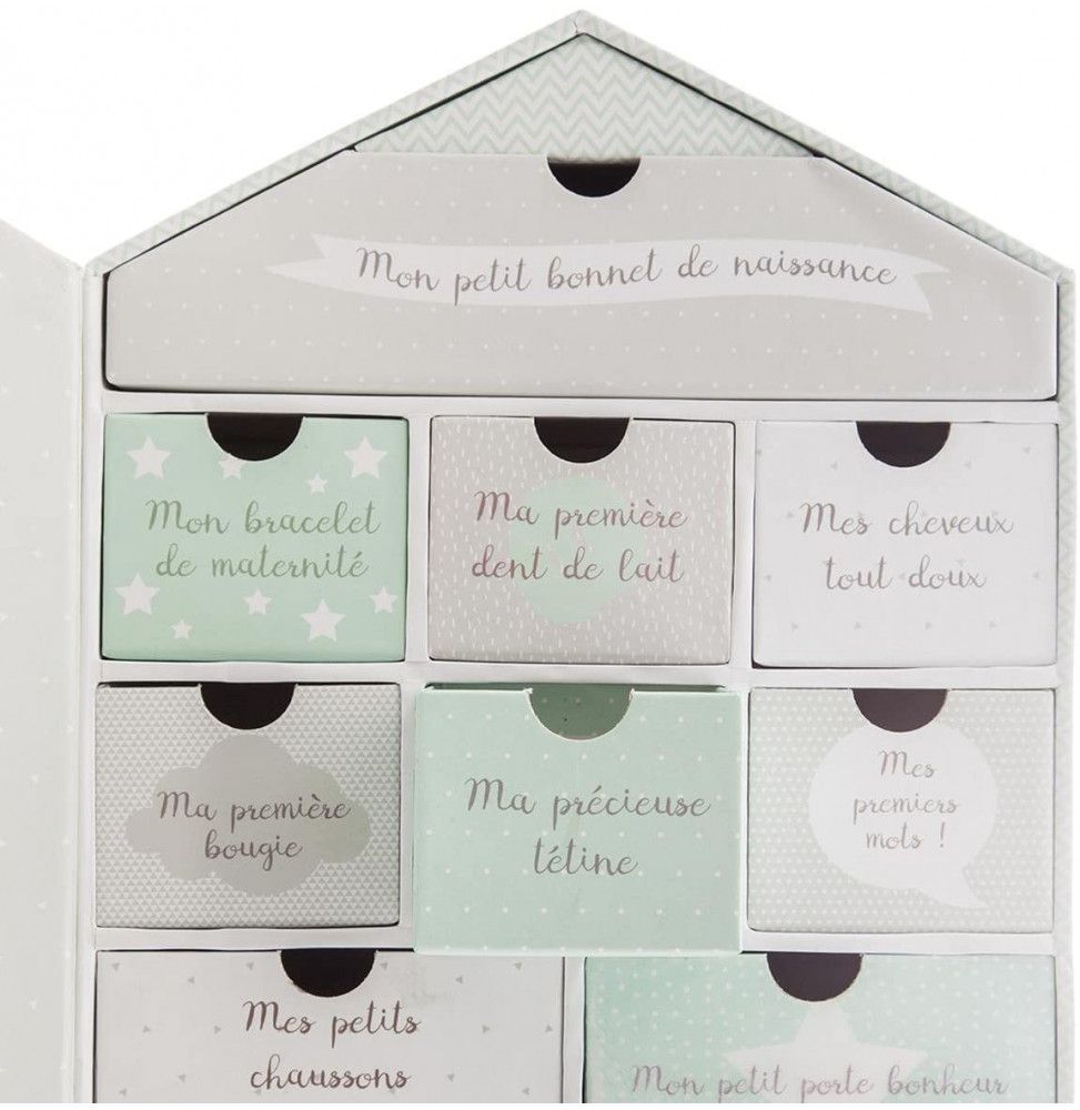 Coffret Naissance Forme Maison 10 Tiroirs Boite A Souvenirs De Bebe Vert