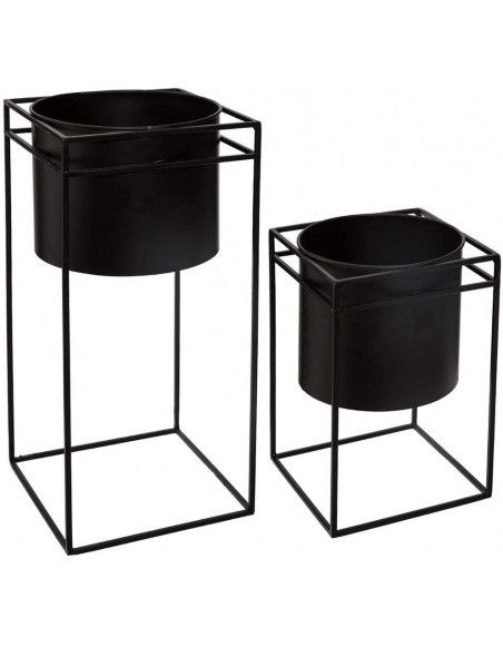 Lot de 2 pots de fleurs en métal avec support - Tailles différentes - Noir