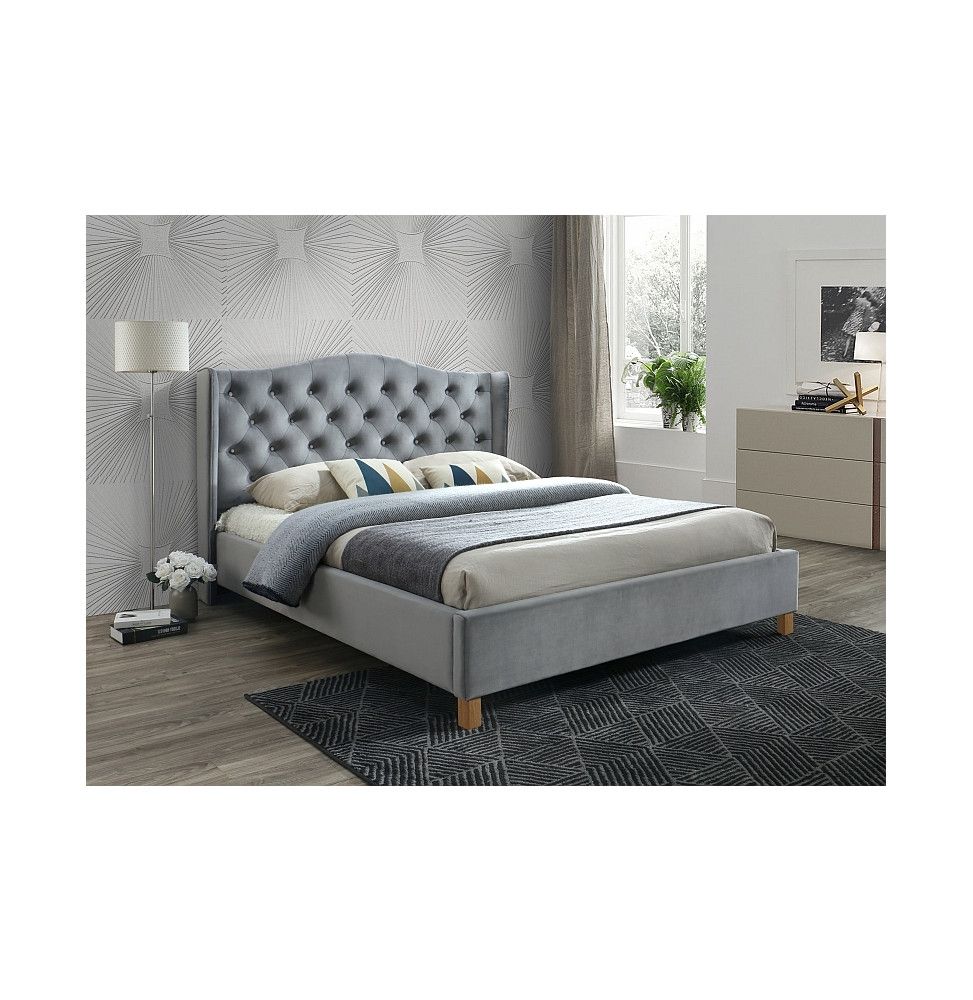 Lit double en velours - Aspen - 140 x 200 cm - Gris