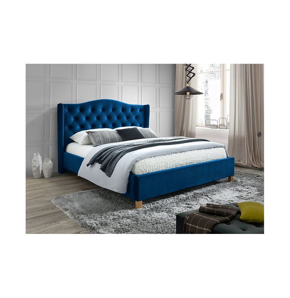 Lit double en velours - Aspen - 160 x 200 cm - Bleu marine